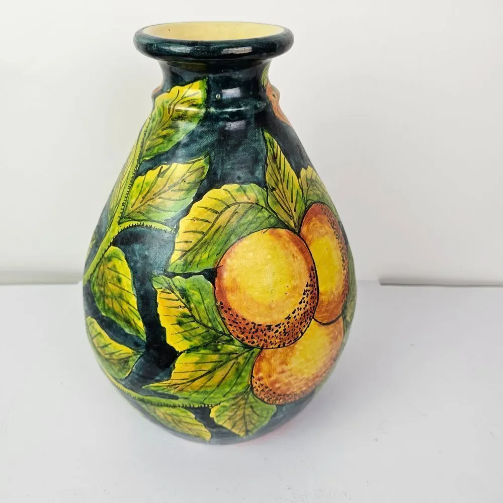 Vintage Mexican Pottery Tourist Vase Yellow Fruit‎ Green Leaves Burnished GUC